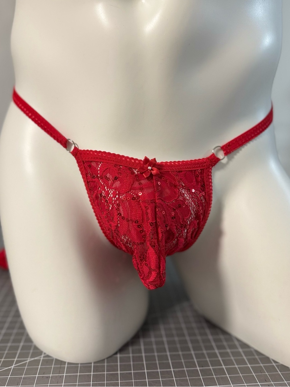 Red Lace Men’s Pouch Thong - Sheer Lace Trim
